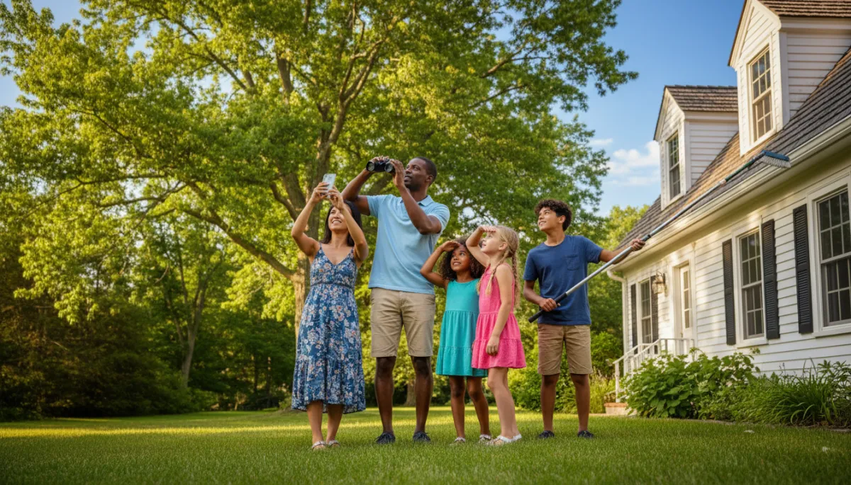bright natural photography of a diverse Connecticut family standing in front of a classic New England home on a sunny summer afternoon checking the roof and gutters together lush green trees blue sky subtle hand drawn border in Royal Blue #1b489b and Dark Navy #0c0f24 around the 600x400 photo