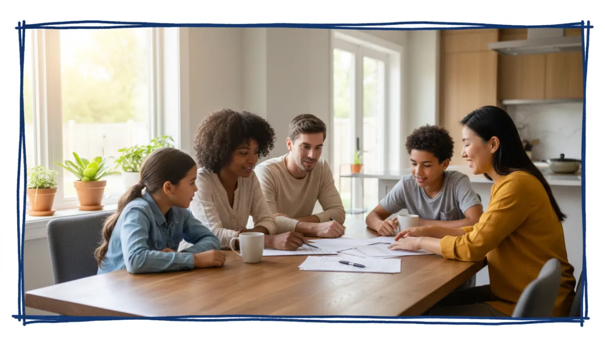 bright natural photography of a diverse Connecticut family sitting at a kitchen table with sunlight streaming in, reviewing mortgage papers with a friendly real estate professional, subtle hand drawn border in Royal Blue #1b489b and Dark Navy #0c0f24 around the 600x400 photo