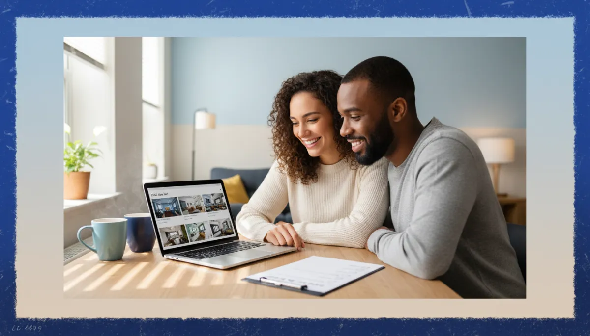 bright natural photography of a diverse Connecticut couple in their late 20s reviewing home listings at a kitchen table with a laptop and coffee mugs hand drawn royal blue #1b489b and dark navy #0c0f24 border around the photo cozy apartment setting daylight streaming through window with a small plant and a printed checklist titled 2026 Home Plan