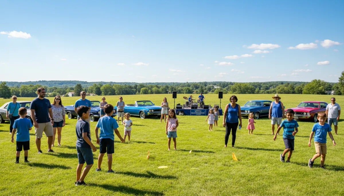 bright natural photography of a diverse group of Windham County Connecticut neighbors enjoying an outdoor summer event on a green lawn with kids playing classic cars in the background and a small stage in the distance under a blue sky color accents in royal blue #1b489b and dark navy #0c0f24
