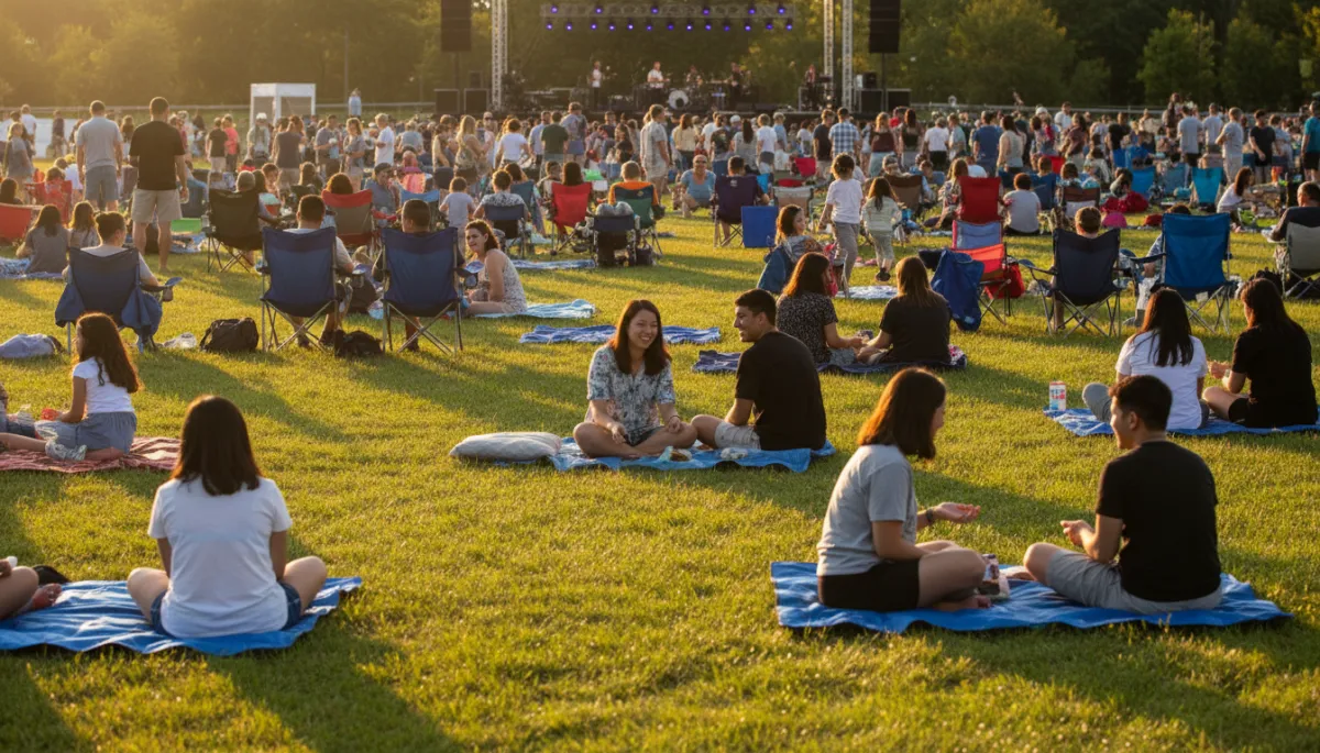 bright natural photography of diverse families and friends enjoying an outdoor summer evening concert on a green in Tolland County Connecticut with warm golden hour light royal blue and dark navy picnic blankets and casual seating