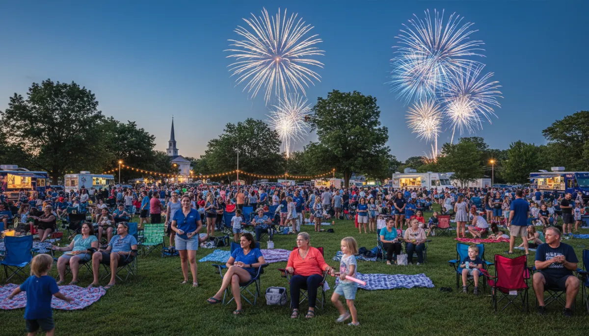 bright natural photography of diverse neighbors gathered at an outdoor summer event on a Hartford County Connecticut town green with families couples and friends enjoying food trucks lawn chairs and kids playing while fireworks begin in the twilight sky royal blue and dark navy accents in clothing and signage