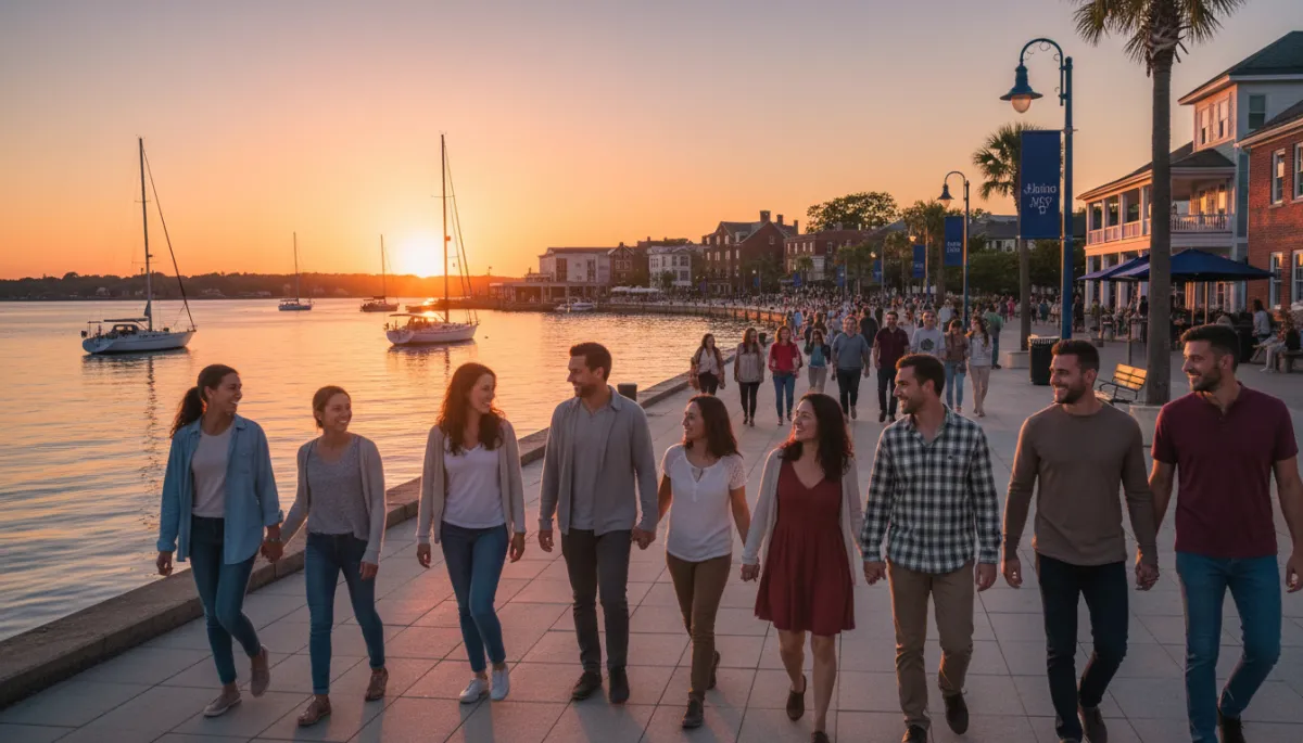 bright natural photography of diverse friends and families walking along a New London County Connecticut waterfront promenade at sunset with sailboats in harbor and town buildings in Royal Blue #1b489b and Dark Navy #0c0f24 accents