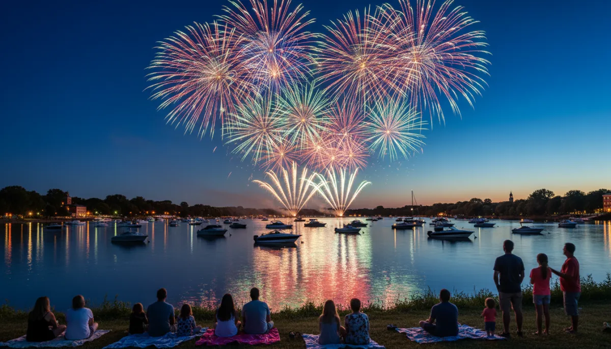 Bright natural photography of families gathered along the Connecticut River at dusk in Middletown watching fireworks with boats on the water and a clear summer sky in royal blue and dark navy tones
