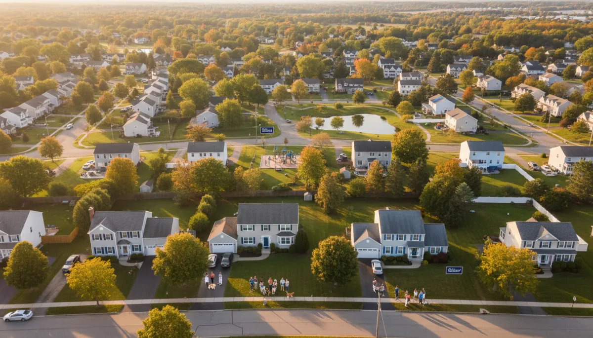 photorealistic aerial view of a diverse Connecticut suburban neighborhood at golden hour, subtle royal blue #1b489b and dark navy #0c0f24 accents on yard signs and roofs, inclusive families walking dogs and chatting along tree-lined streets photorealistic aerial view of a diverse Connecticut suburban neighborhood at golden hour, subtle royal blue #1b489b and dark navy #0c0f24 accents on yard signs and roofs, inclusive families walking dogs and chatting along tree-lined streets