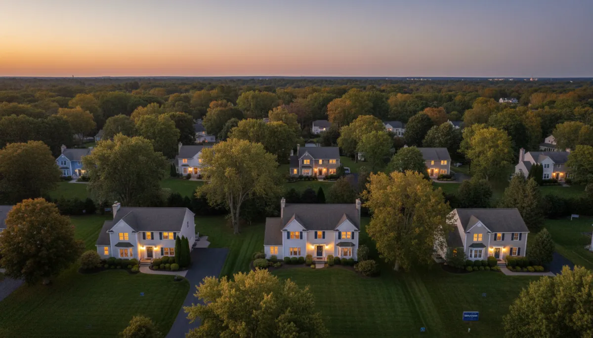 photorealistic aerial twilight view of a leafy Connecticut suburb with well-kept single-family homes, warm lights in windows, subtle accents of royal blue #1b489b and dark navy #0c0f24 in yard signs and front doors, soft evening sky, modern clean composition