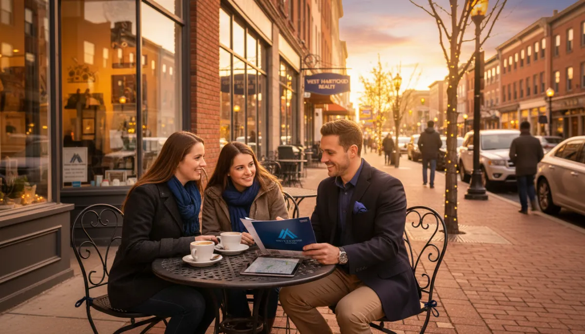 photorealistic early-evening street scene in West Hartford Center, young couple meeting with a real estate agent at a sidewalk café table, subtle accents of royal blue #1b489b and dark navy #0c0f24 in clothing and signage, warm lighting and inviting storefronts