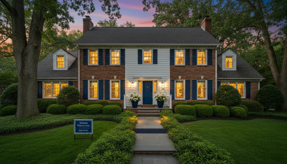 photorealistic twilight exterior of a well-kept Connecticut colonial home with manicured landscaping, warm interior lights glowing, subtle accents in royal blue #1b489b and dark navy #0c0f24 on the front door and porch decor, discreet 'For Sale' sign with Melinda Walencewicz eXp Realty branding in the yard