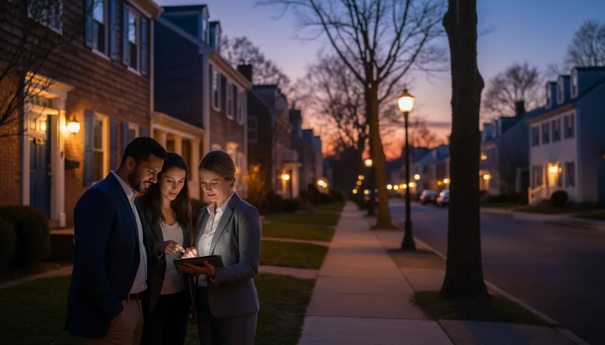 photorealistic twilight streetscape of a quiet Connecticut neighborhood with colonial and cape-style homes, subtle accents of royal blue #1b489b and dark navy #0c0f24 on front doors and shutters, diverse couple and local real estate agent reviewing a tablet on the sidewalk, warm porch lights glowing, soft depth of field
