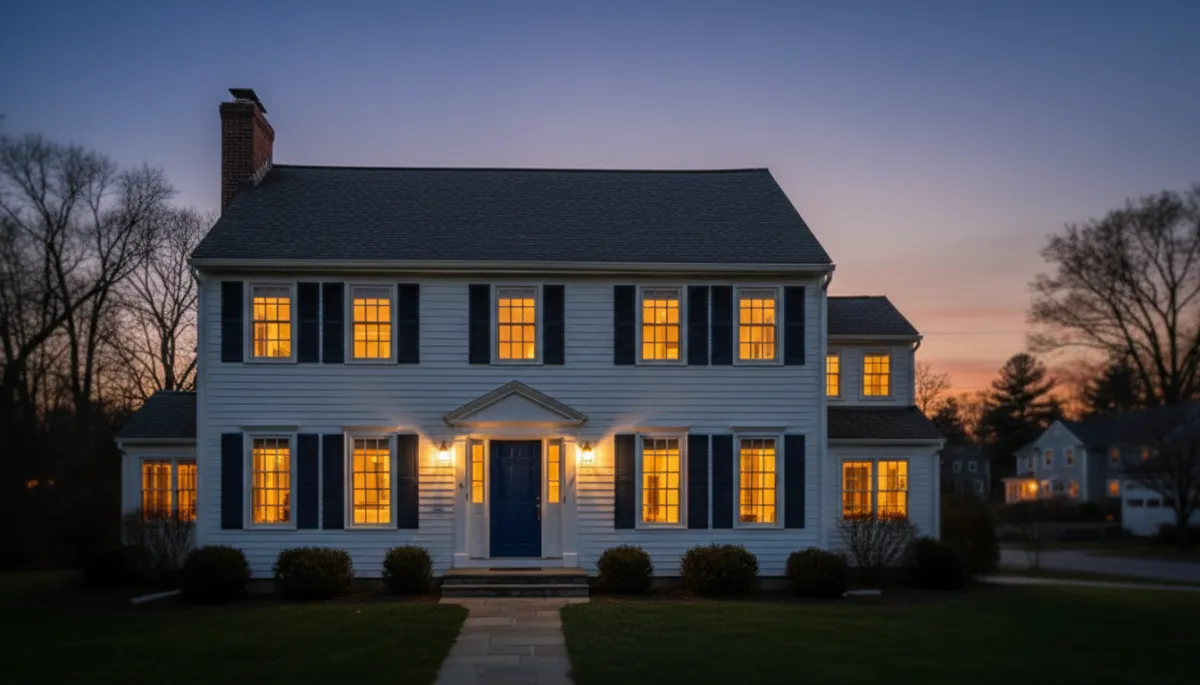photorealistic twilight exterior of a well-kept Connecticut colonial home with warm interior lights on, subtle accents in royal blue #1b489b and dark navy #0c0f24 on the front door and shutters, soft focus neighborhood background, calm and respectful mood