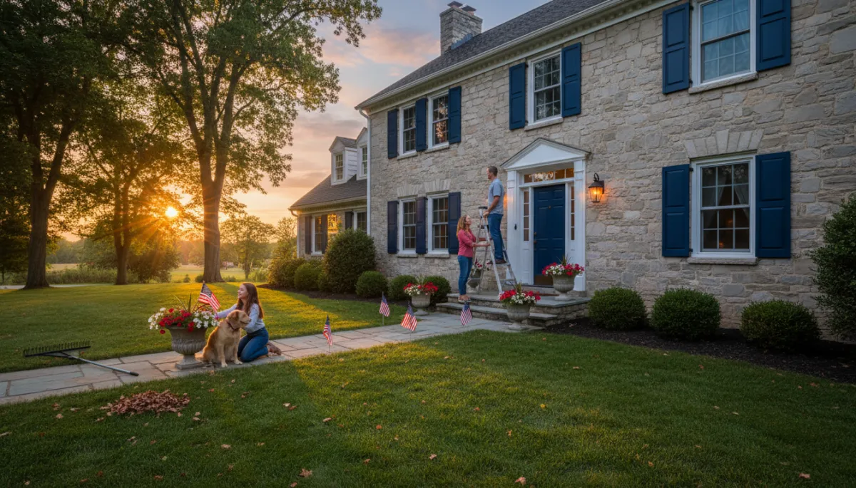 photorealistic summer scene of a Connecticut family tidying their front yard and checking a porch light at dusk, small American flags in planters, colonial-style home with royal blue #1b489b and dark navy #0c0f24 accents on shutters and front door, warm golden-hour lighting