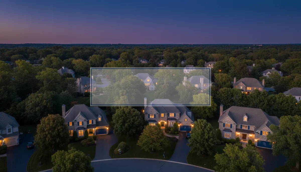 photorealistic aerial twilight view of a leafy Connecticut neighborhood with well-kept single-family homes, subtle royal blue #1b489b and dark navy #0c0f24 accents on yard signs and window trim, soft warm lighting in windows, elegant semi-transparent text overlay area centered in the sky