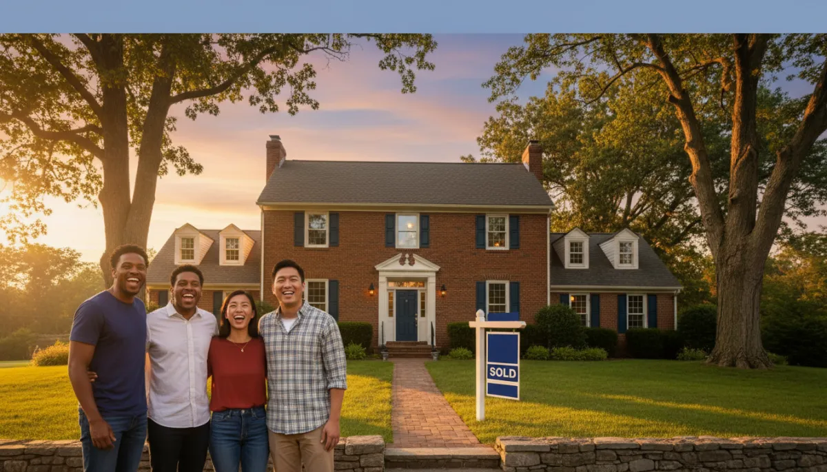 Photorealistic wide shot of a diverse group of first-time buyers standing in front of a classic Connecticut colonial home at sunset, royal blue #1b489b and dark navy #0c0f24 accents on a SOLD sign and front door, soft natural light, joyful expressions, subtle text overlay area in the sky