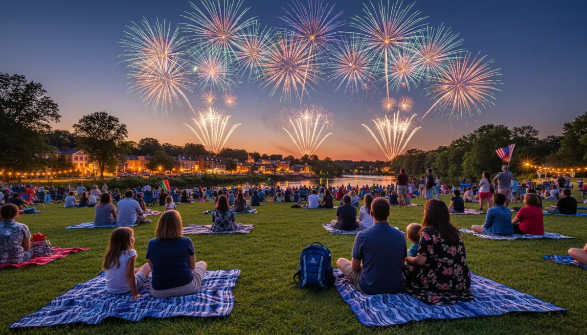 photorealistic twilight scene of families gathered on a grassy park in Windham County Connecticut watching fireworks over a small riverfront town, subtle accents of royal blue #1b489b and dark navy #0c0f24 in picnic blankets, clothing, and banners, warm festive lighting, clear July sky