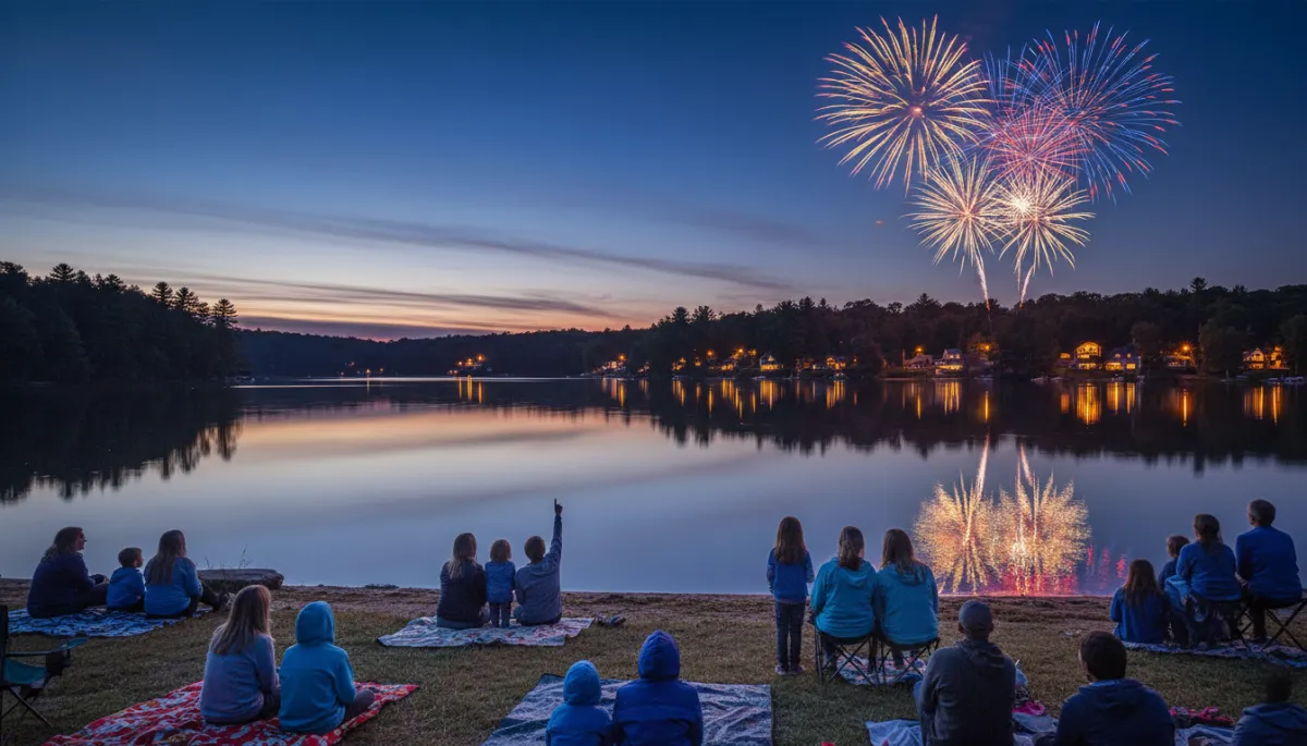 photorealistic twilight scene on Coventry Lake with families on blankets and lawn chairs watching fireworks reflect on the water, subtle royal blue #1b489b and dark navy #0c0f24 tones in the sky and clothing, small-town shoreline with houses and trees, warm festive crowd atmosphere