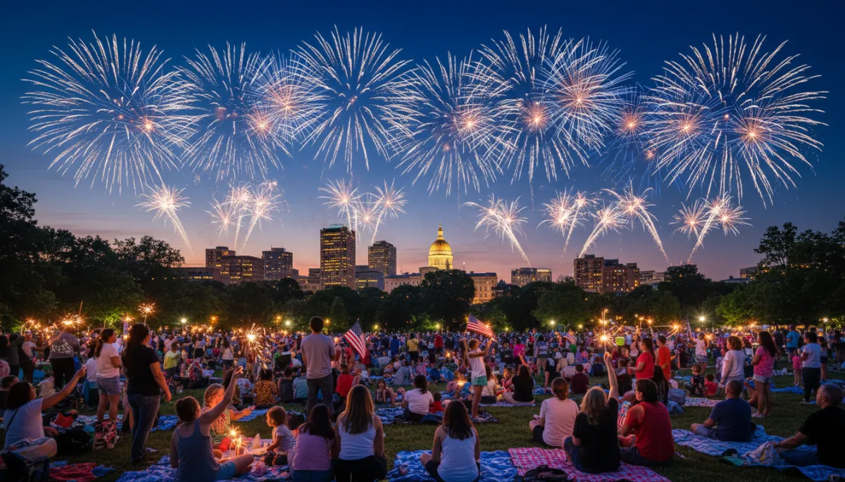 photorealistic twilight scene of Hartford County Connecticut skyline and Bushnell Park filled with families on picnic blankets watching royal blue #1b489b and dark navy #0c0f24 fireworks burst over the State Capitol, American flags waving, warm festive crowd lighting sparklers
