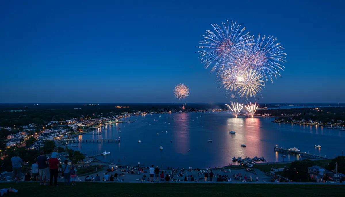 photorealistic twilight aerial of New London County Connecticut coastline with fireworks over the Thames River, families gathered along the waterfront, subtle royal blue #1b489b and dark navy #0c0f24 tones in the sky and water