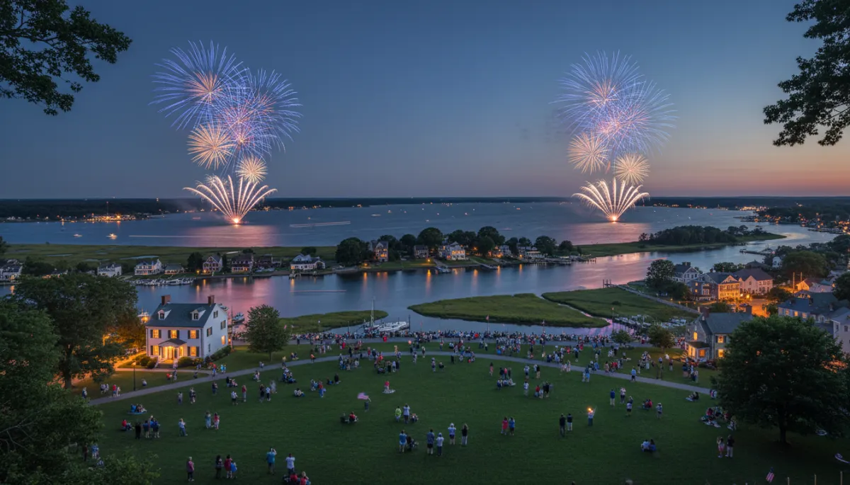 photorealistic twilight aerial of Middlesex County Connecticut riverfront towns along the Connecticut River and Long Island Sound, families gathered on a green with American flags, fireworks reflecting on the water, subtle royal blue #1b489b and dark navy #0c0f24 tones