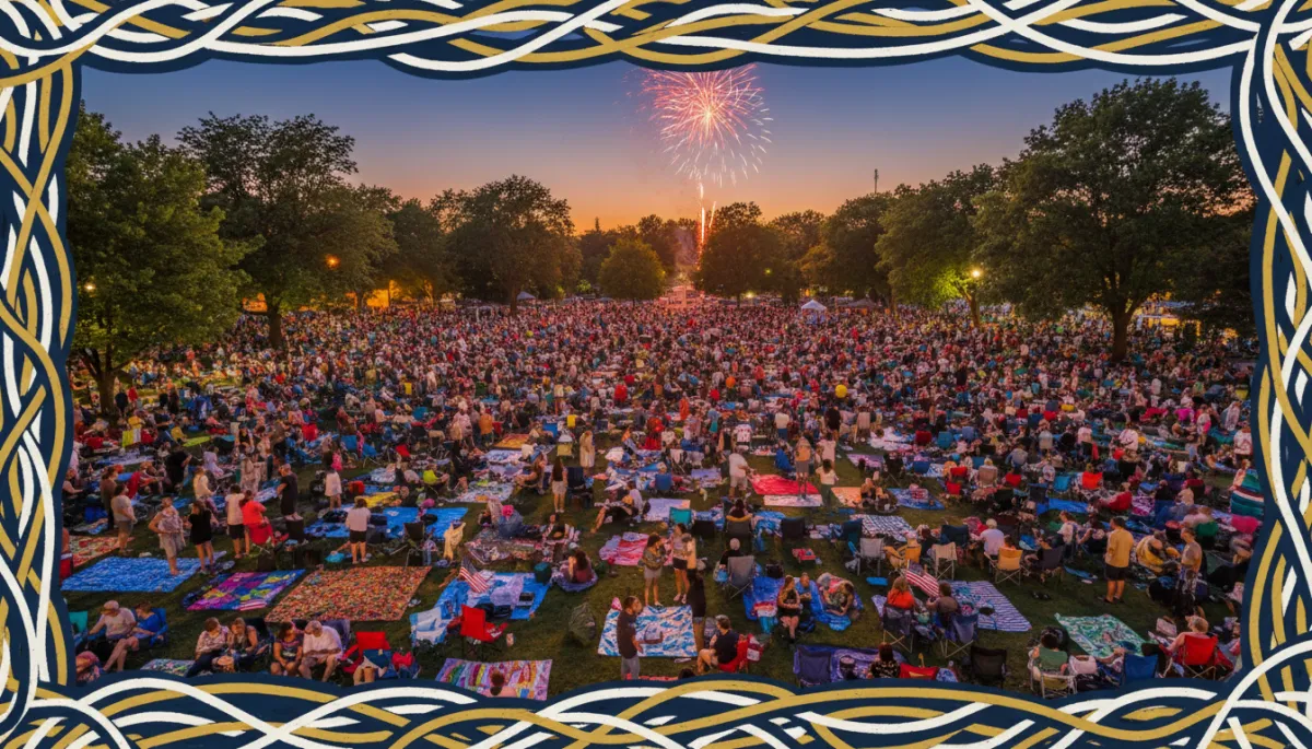 Photography style 600x400 bright natural colors Jillson Square Willimantic Connecticut packed with summer festival crowd lawn chairs blankets American flags portable radios visible evening sky with subtle fireworks glow hand drawn bold colored border in Dark Navy #02193b Pearl White #fafafa and Gold #d4af37 no faces visible overhead perspective