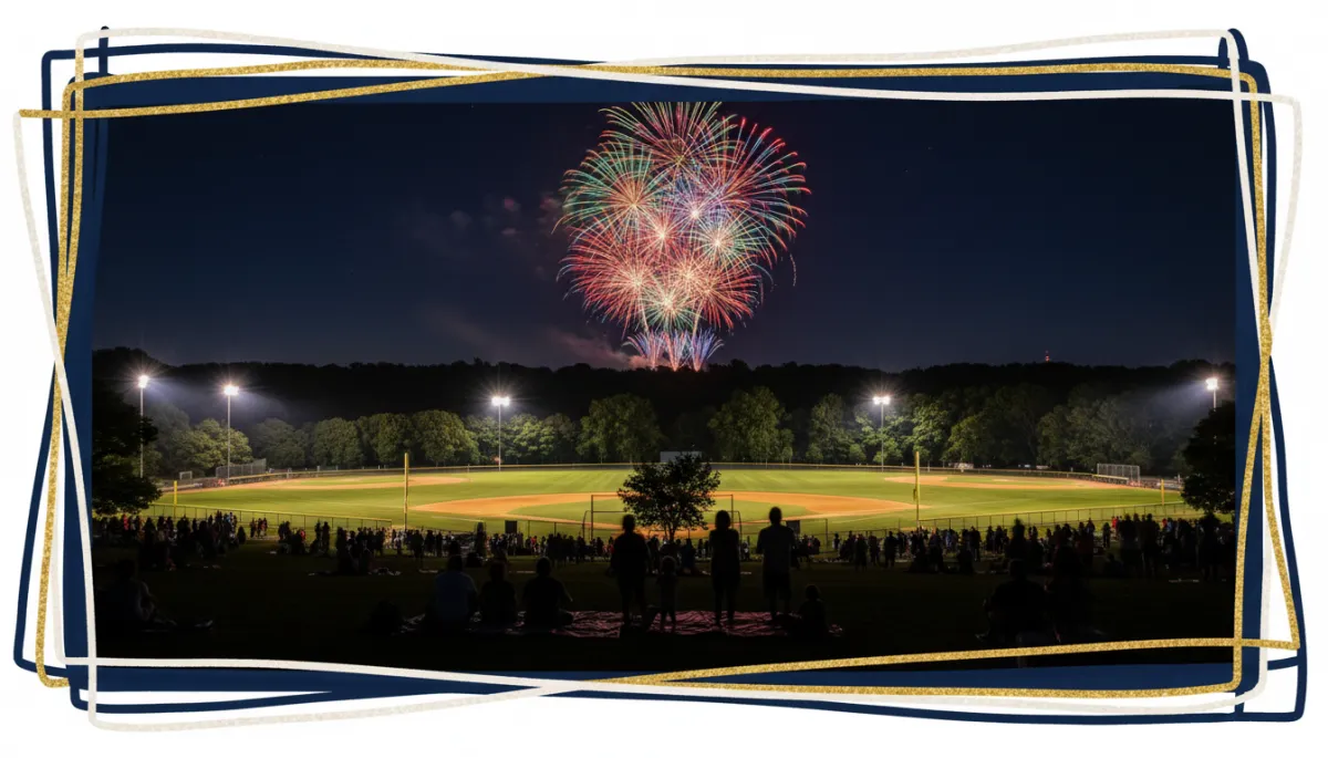photography of Henry Park Vernon Connecticut summer fireworks festival at night, wide view of illuminated ball fields and treeline, bright fireworks over the hill, families seen only as silhouettes, bold hand-drawn border in dark navy #02193b pearl white #fafafa and gold #d4af37