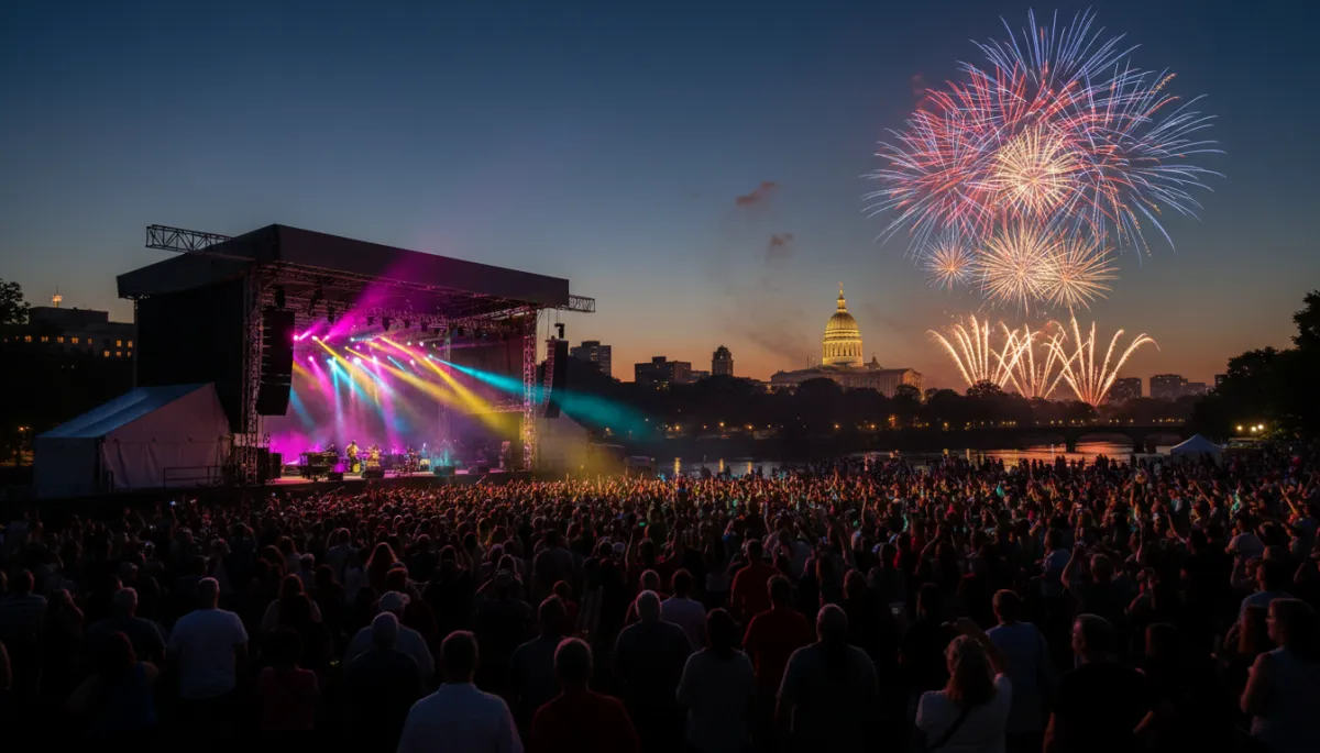 600x400px bright natural high resolution photography of Bushnell Park Hartford Connecticut at dusk during a summer festival, large outdoor concert stage with colorful lights, crowd shown only from behind or in silhouette with no visible faces, fireworks over the Connecticut State Capitol in the background, bold hand drawn border in dark navy #02193b pearl white #fafafa and gold #d4af37, consistent photography style