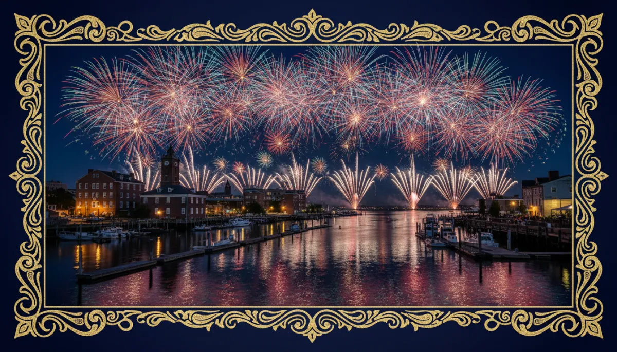 Nighttime photography of New London Connecticut waterfront along the Thames River with colorful fireworks bursting overhead, reflections on the water, historic buildings and piers silhouetted, bright natural colors with bold hand drawn dark navy and gold borders, no faces
