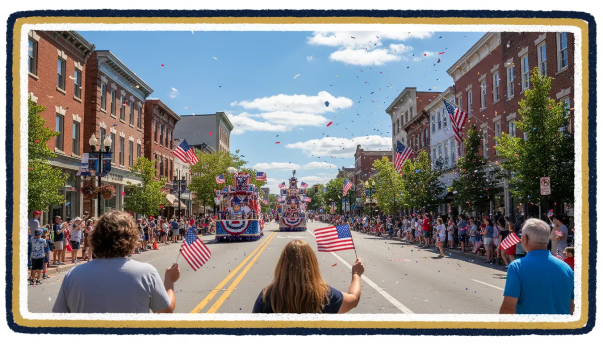 photography style 600x400 bright natural high resolution scene of Middletown Connecticut Main Street Fourth of July parade festival with decorated floats flags and banners people visible from behind or at a distance with no faces bold hand drawn colored borders in dark navy #02193b pearl white #fafafa and gold #d4af37