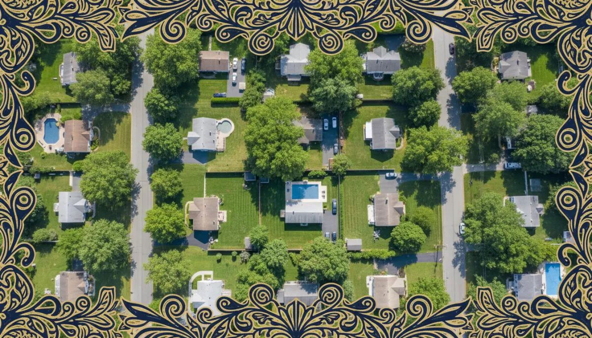 Aerial view of a leafy Connecticut suburban neighborhood on a sunny summer day, neat single family homes with yards and tree lined streets, bright natural photography, bold hand drawn dark navy and gold border overlay matching brand colors