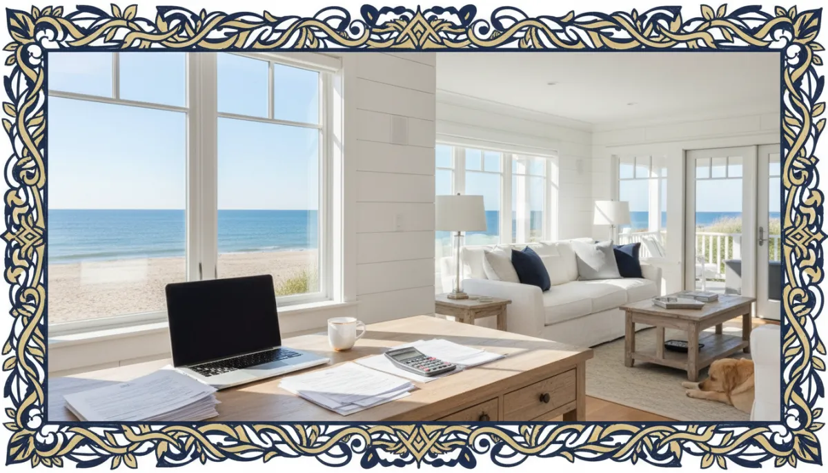 Bright natural photography of a Connecticut coastal style home with a professional desk setup in the foreground showing mortgage paperwork, laptop, calculator, and coffee mug, bold hand-drawn dark navy and gold border accents around the frame, clean Pearl White background elements