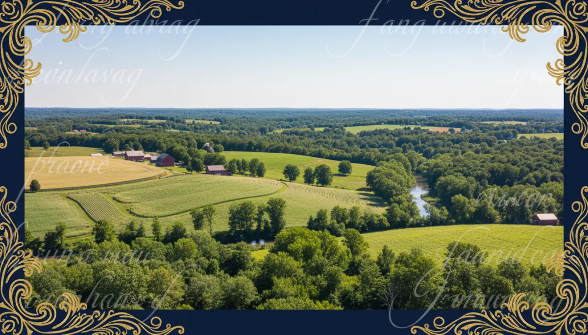 Bright natural photography of rolling green hills, farms, and forests in eastern Connecticut on a sunny summer afternoon, with bold hand-drawn dark navy and gold border accents and subtle pearl white text overlay elements