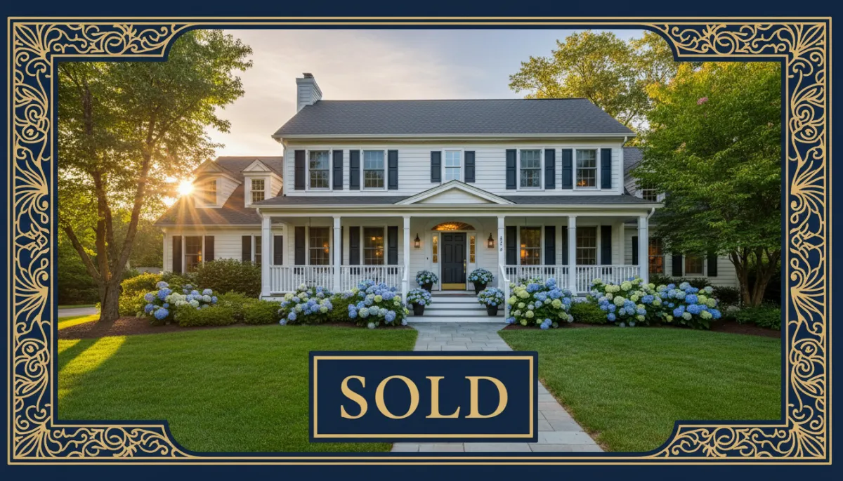 bright photography of a stylish Connecticut colonial home exterior at sunset with a bold SOLD sign in the yard, dark navy and gold hand drawn borders framing the scene, brand colors Dark Navy #02193b Pearl White #fafafa Gold #d4af37