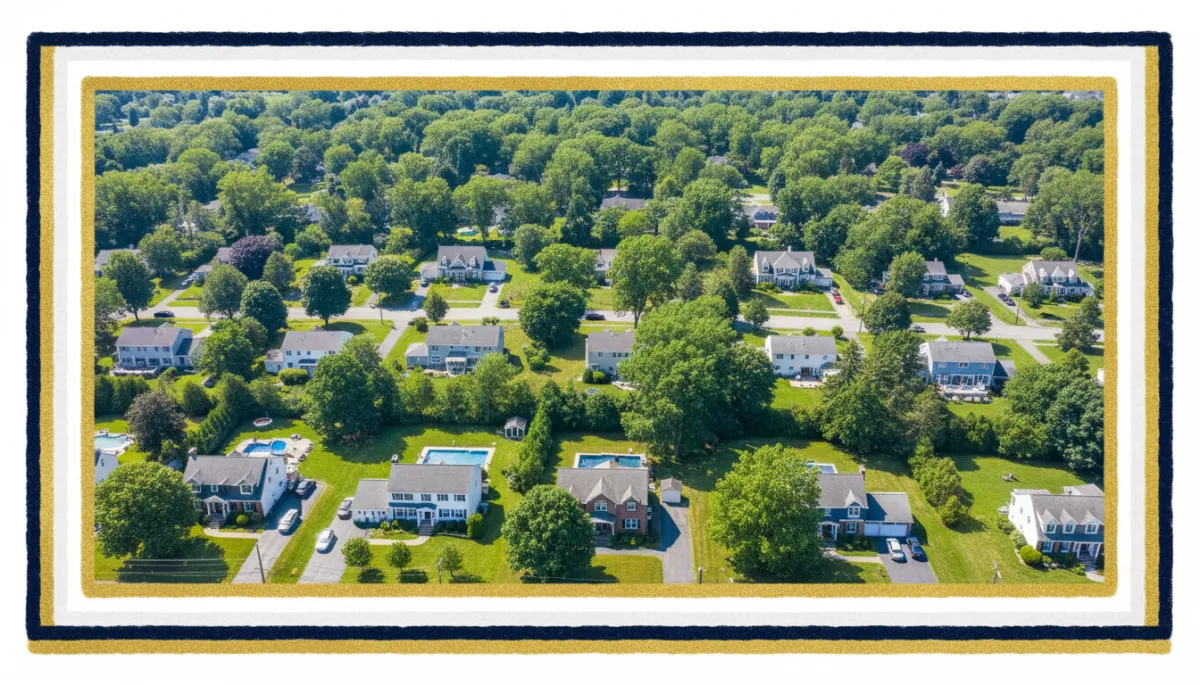 Aerial summer view of a leafy Connecticut neighborhood with single family homes, bright natural photography with bold hand-drawn colored borders in dark navy #02193b, pearl white #fafafa, and gold #d4af37, no people