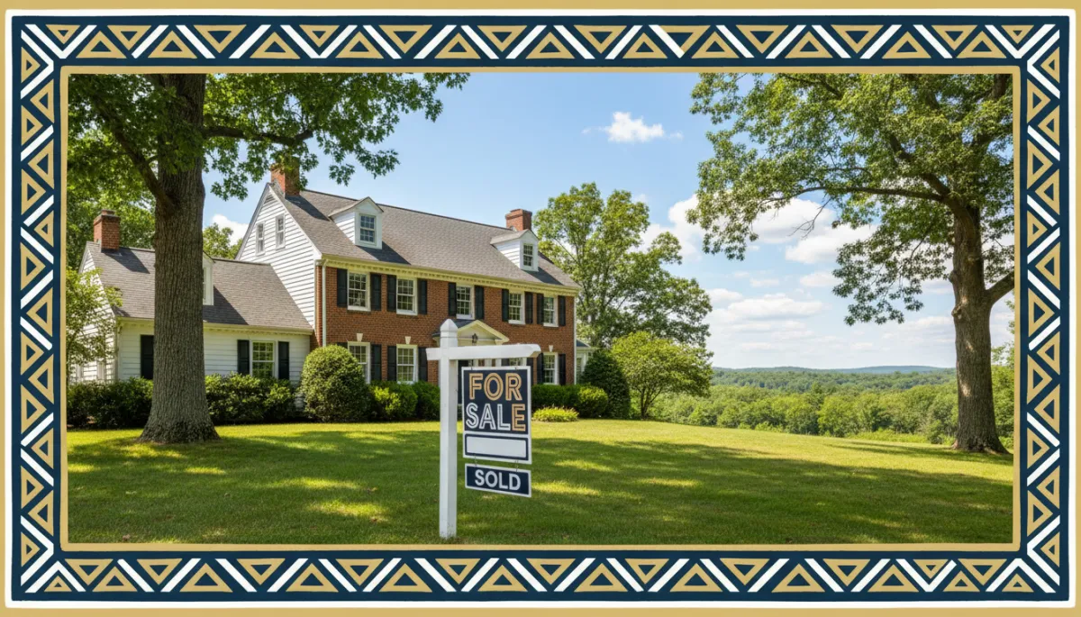 Connecticut colonial style home with for sale and sold rider sign in front yard on a sunny summer day, bright natural photography with bold hand drawn borders in dark navy pearl white and gold