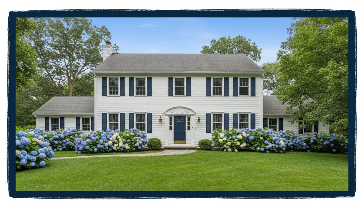 Photorealistic Connecticut suburban home exterior in summer, white colonial with dark navy shutters and gold-accented front door, lush green lawn and hydrangeas, wide bold hand-drawn navy border with subtle gold highlights around the image