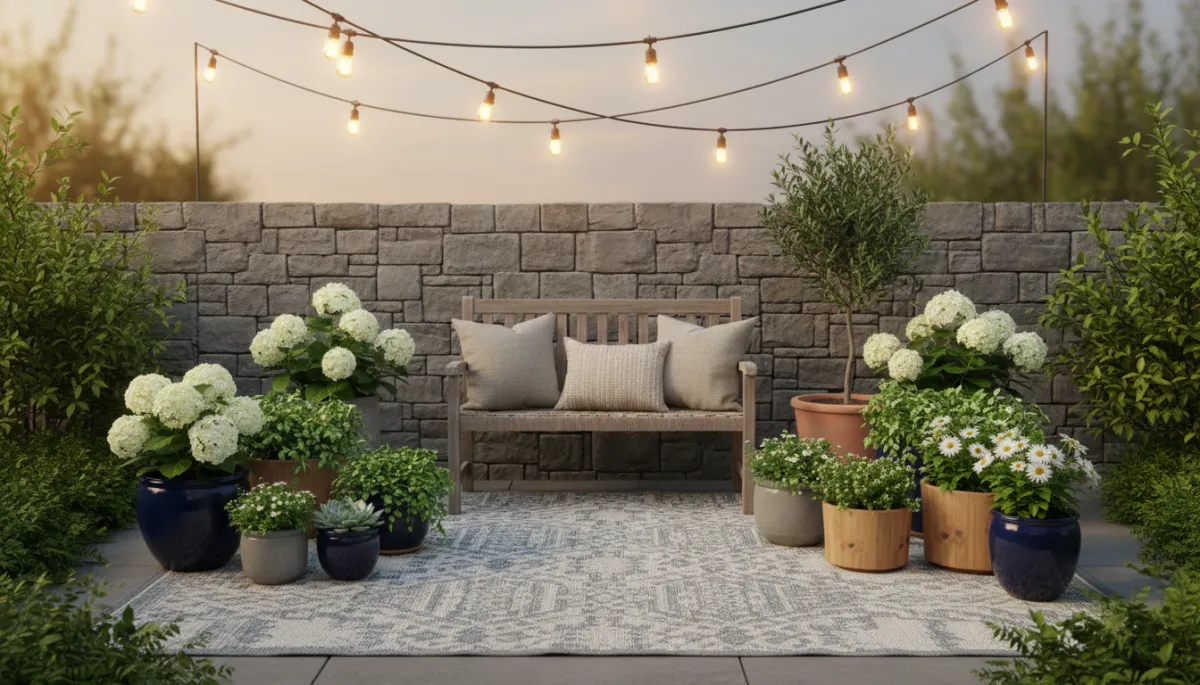 Small backyard patio with wooden bench, rug, string lights, and planters