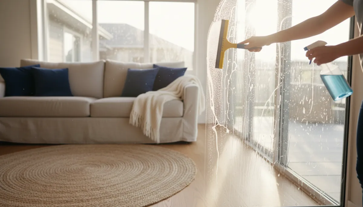 Person cleaning a bright living room window with sunlight streaming in