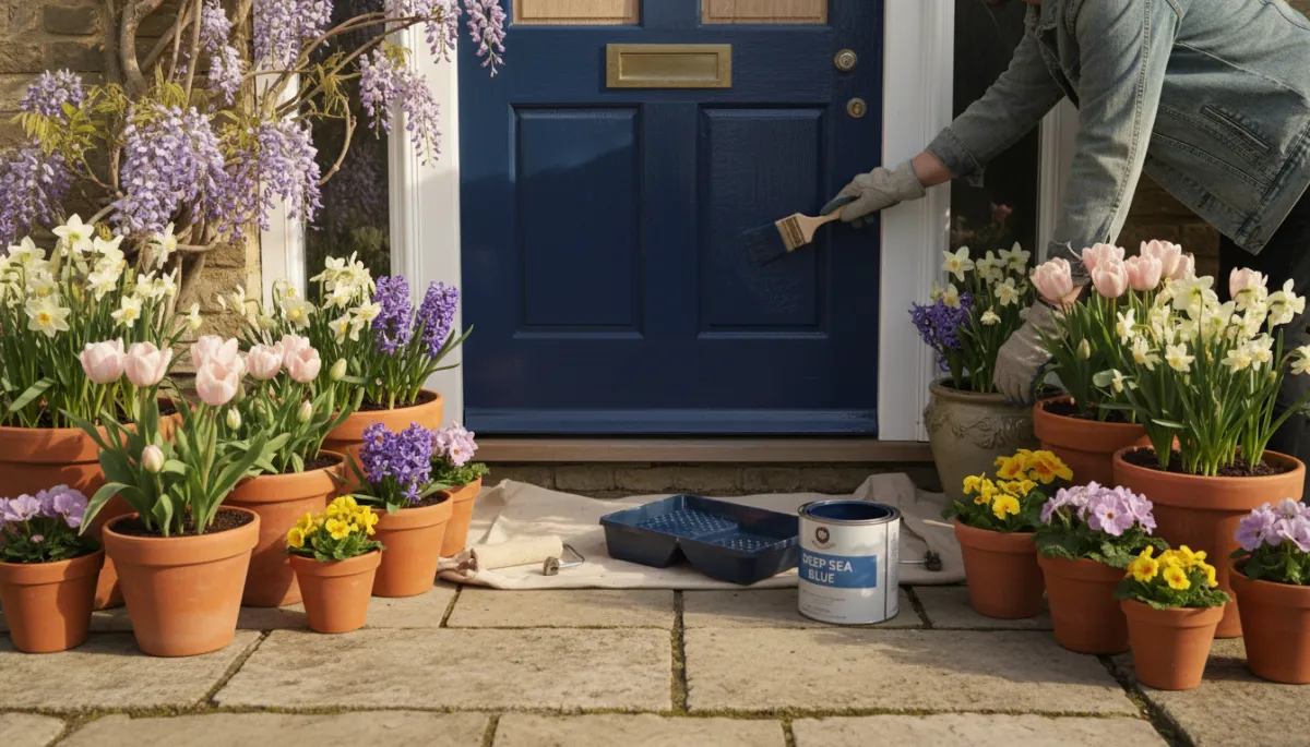 Person painting a front door navy blue surrounded by potted spring flowers