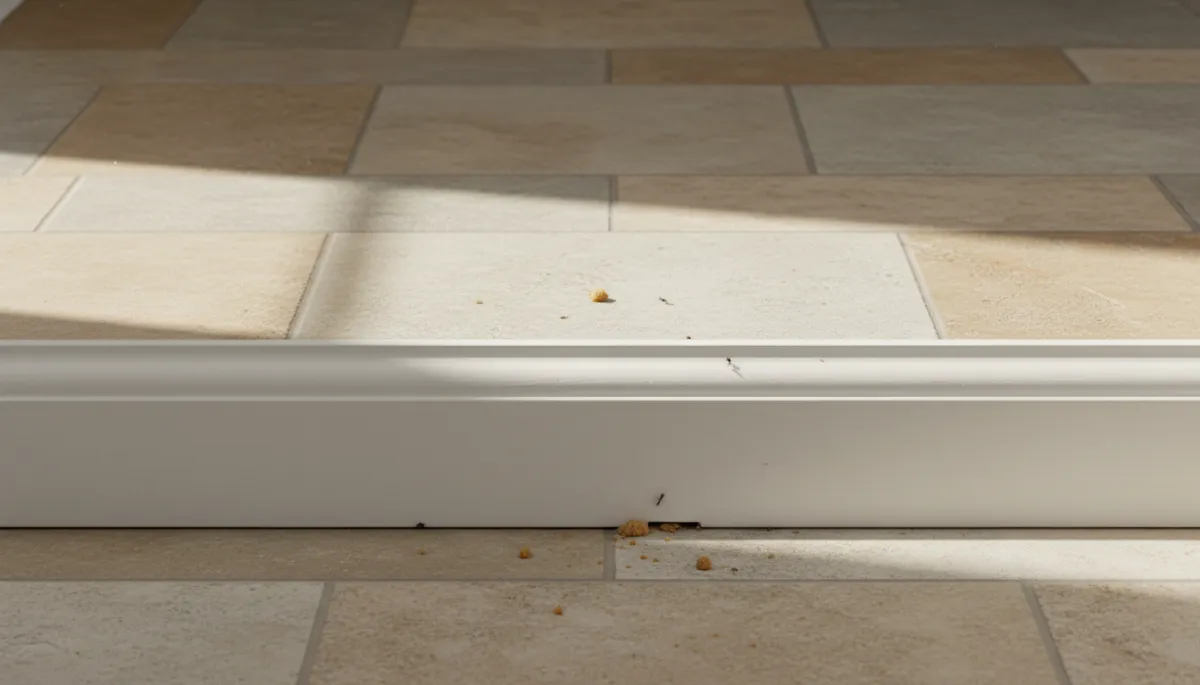 Photorealistic close-up of a kitchen baseboard with crumbs that attract ants