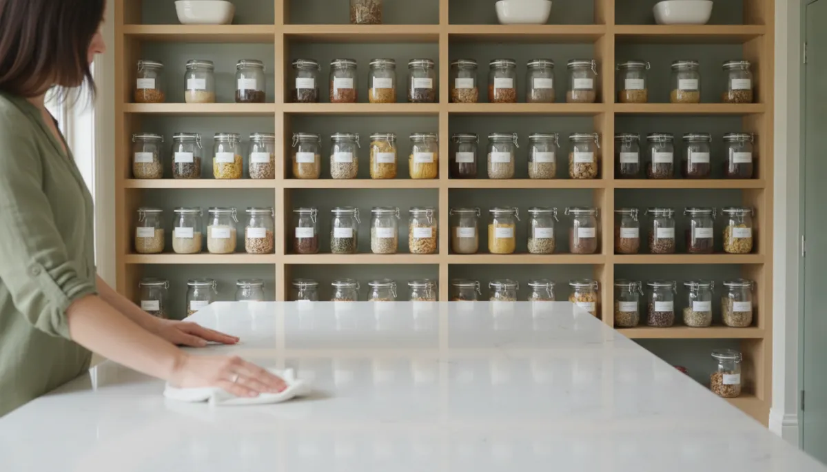 Photorealistic kitchen scene showing sealed containers and clean counters for pest prevention