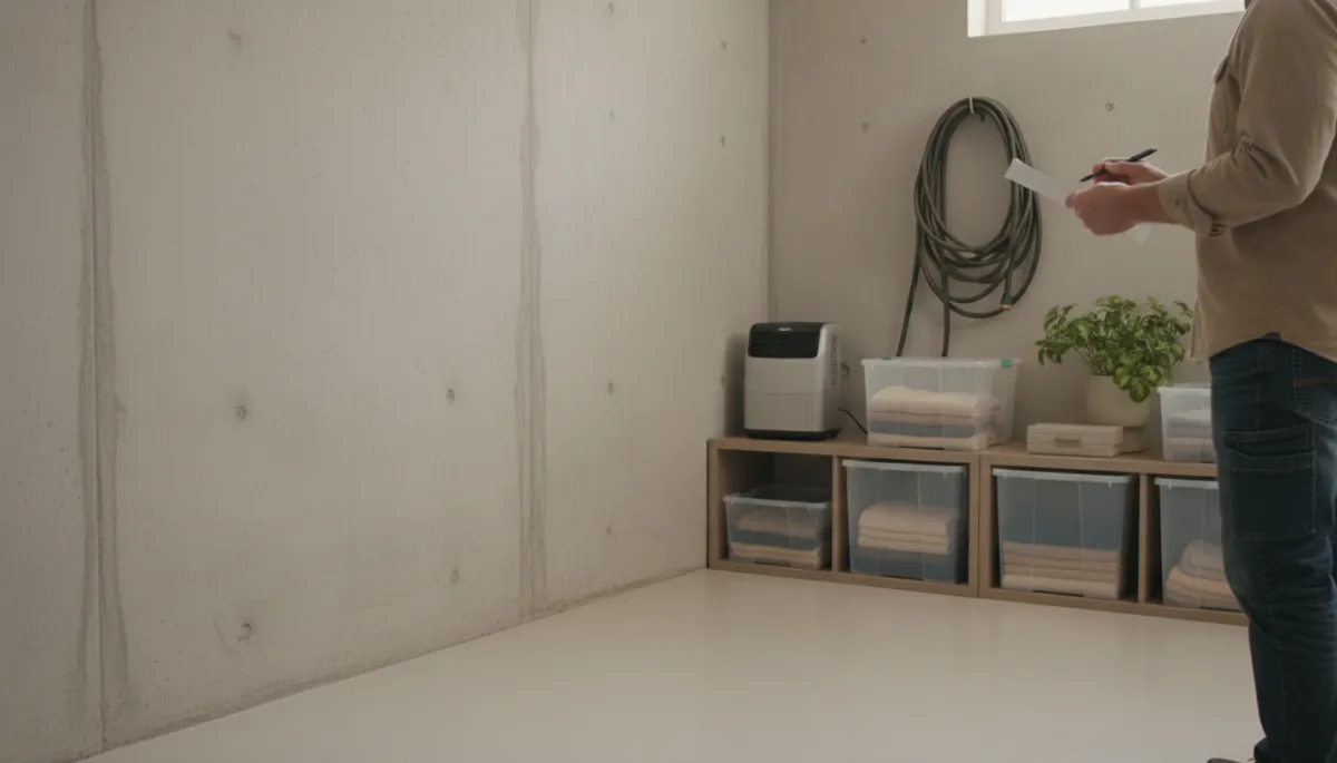 Photorealistic homeowner inspecting basement and checking a seasonal pest control checklist