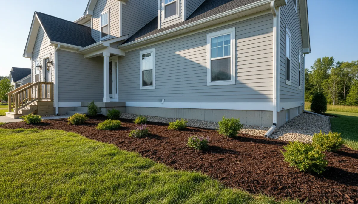 Photorealistic exterior view of a well-maintained, cozy suburban home in daylight. The focus is on the lower section of the house, with clear visibility of the foundation and neatly landscaped garden beds. Show subtle, natural pest barriers such as a gravel strip and tidy mulch alongside the foundation. No people, hands, or tools are visible in the scene—just the inviting home environment. The image conveys a sense of cleanliness, safety, and proactive pest prevention, maintaining a calm and professional tone suitable for a home improvement blog.