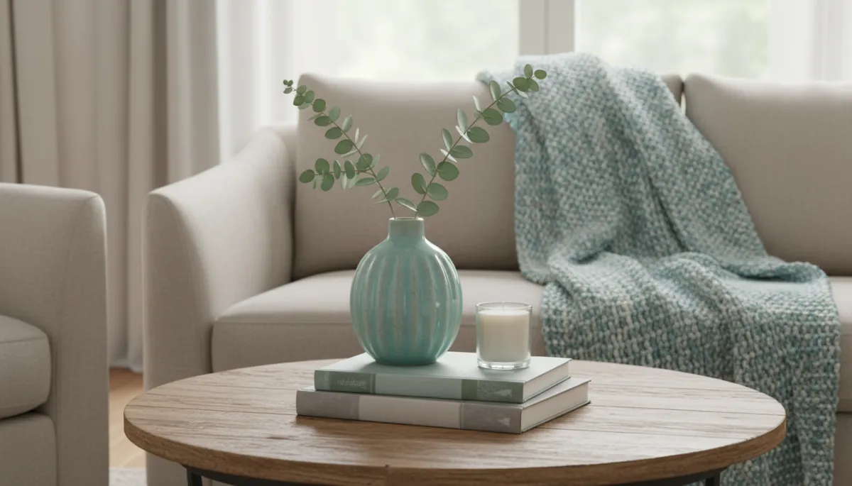 Photorealistic thrifted coffee table styled with fresh aqua accents