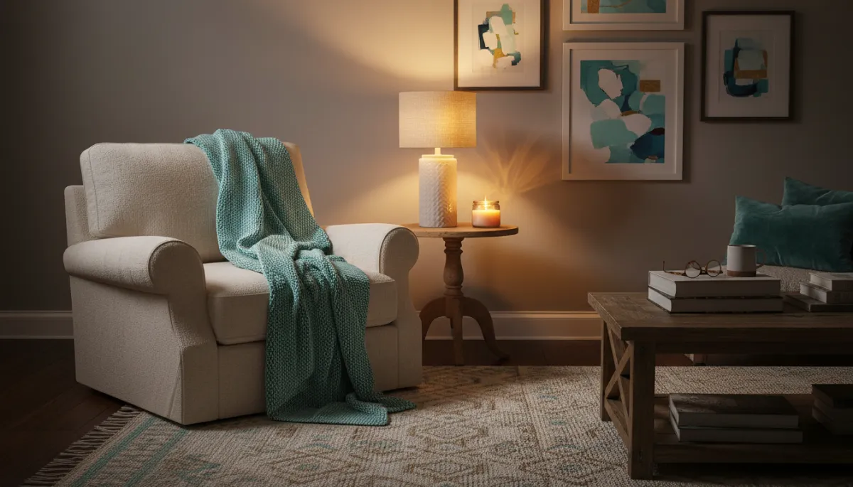 Photorealistic cozy evening living room with soft lighting and fresh aqua accents