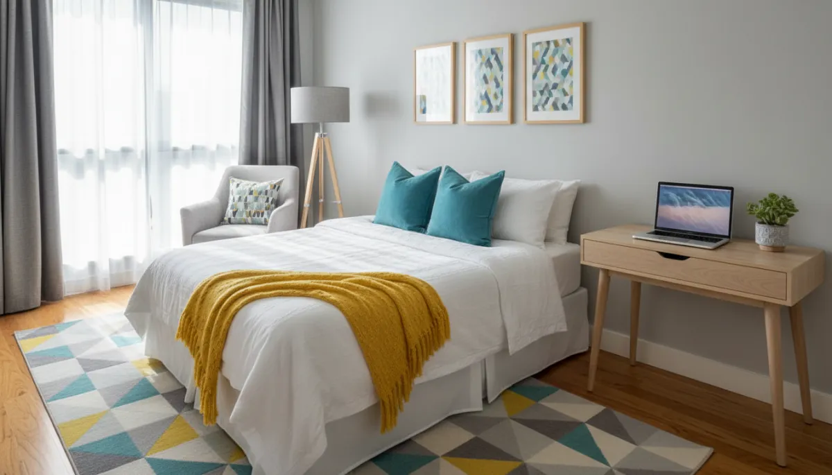 Bright guest bedroom prepared for rental with colorful accents Bright guest bedroom prepared for rental with colorful accents