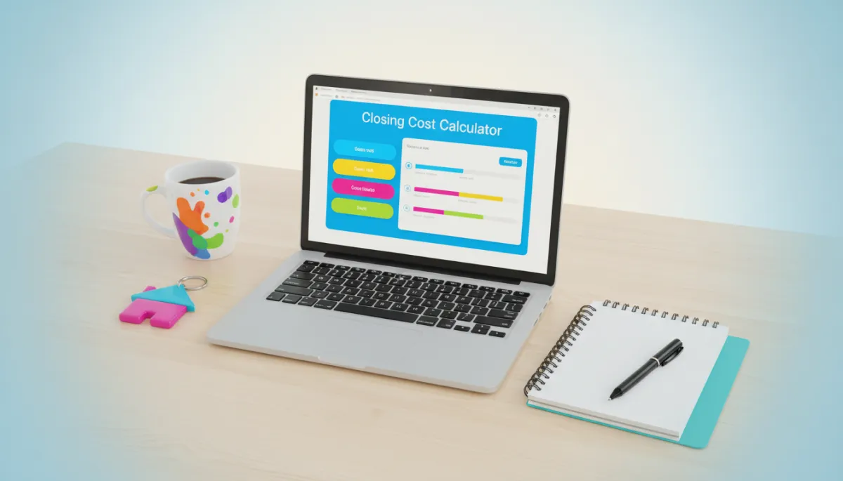 Laptop displaying a closing cost calculator alongside home buying notes Laptop displaying a closing cost calculator alongside home buying notes
