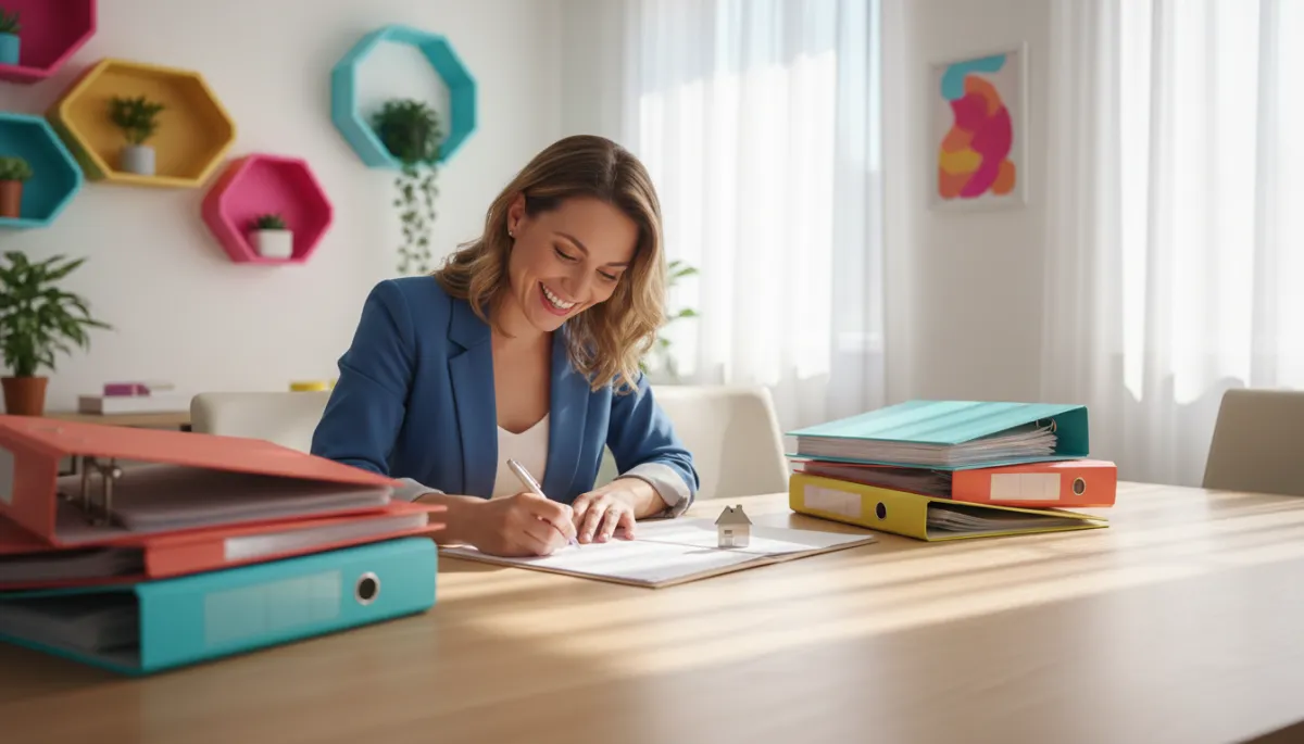 Home buyer signing final closing documents at an office table Home buyer signing final closing documents at an office table