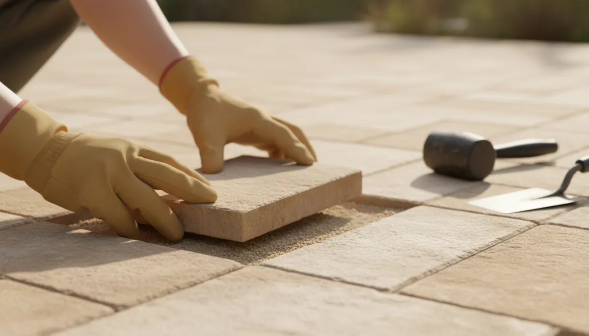 Photorealistic warm neutral close-up of a person leveling a stone paver on a patio