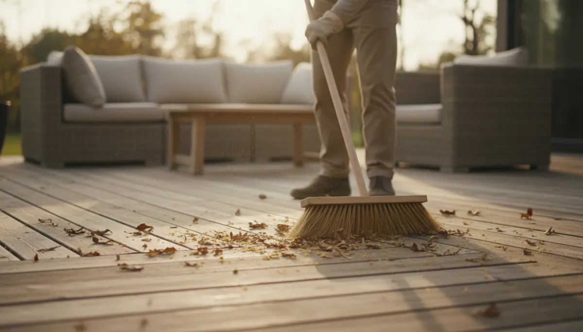 Photorealistic warm neutral close-up of a person sweeping leaves off a wooden deck