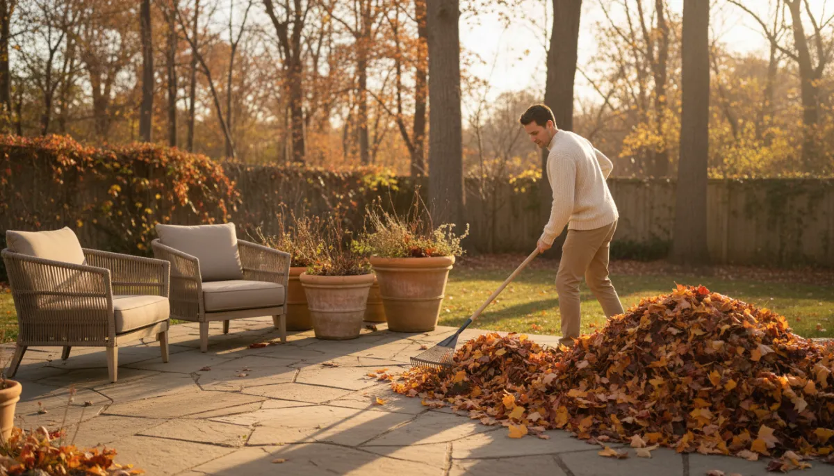 Photorealistic warm neutral scene of someone raking autumn leaves from a backyard patio