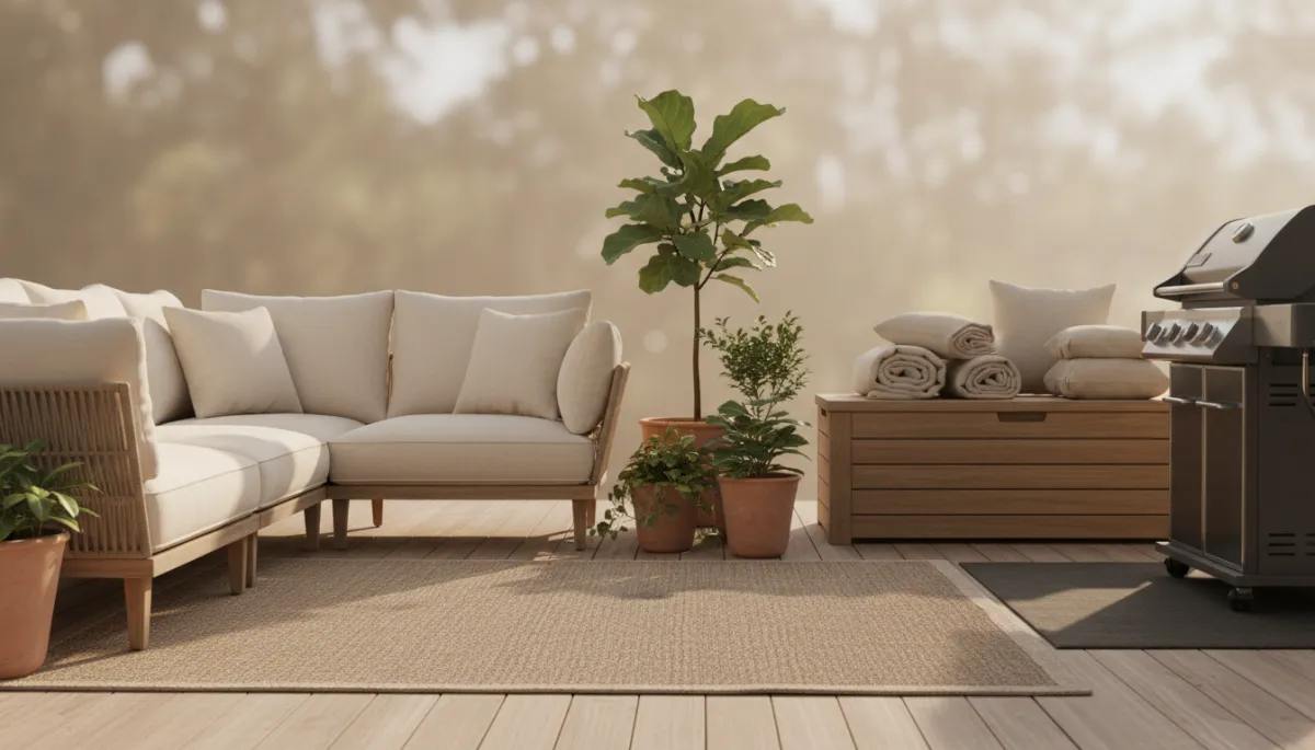 Photorealistic warm neutral view of a cozy backyard deck with furniture and storage